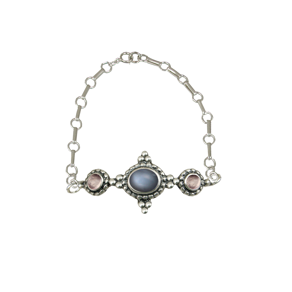 Sterling Silver Gemstone Adjustable Chain Bracelet With Grey Moonstone And Rose Quartz